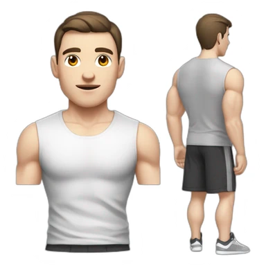 Pale skinned Fit Man With the biceps and dark brown hair in black shirt, gray sports shorts and white Sneakers He touches his back of the head sticker