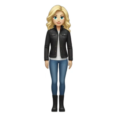 blond tall blue eye female designer with sports jacket and white turtle neck sweater black boots and blue jeans sticker