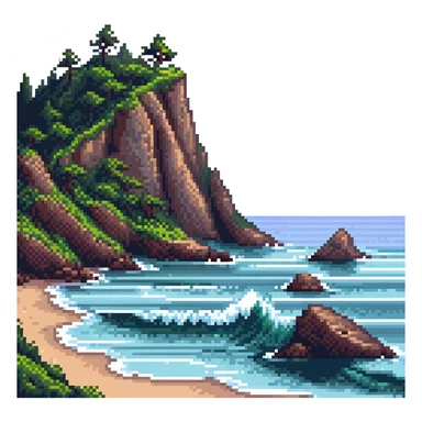 scenic coastline with waves and cliffs in pixel art style sticker