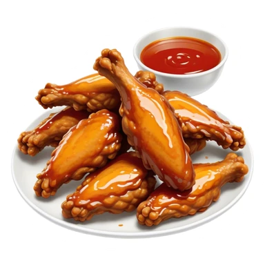 Cinematic crispy chicken wings, golden-brown and glazed with spicy sauce, crunchy coating, juicy inside, piled high with dipping sauce on the side, ultra-realistic and mouthwatering, inviting and bold. sticker