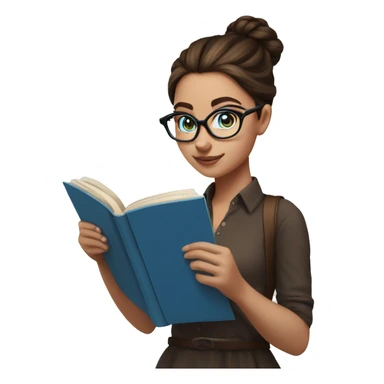 Blue eyed girl with Messy bun brunette haired girl with blue eyes reading a book and wearing glasses  sticker