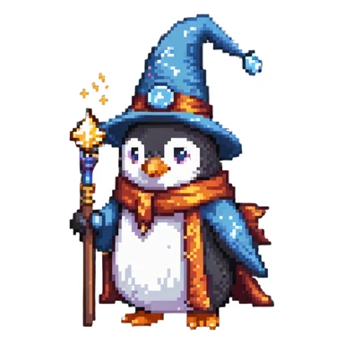 penguin wearing a wizard hat and robe, holding a magic wand sticker