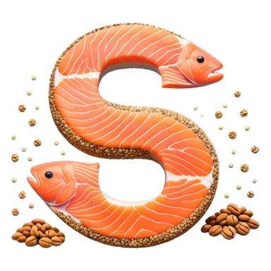 Floating arrangement of omega-3 rich foods: fresh salmon fillets, walnuts, flaxseeds, chia seeds and golden omega-3 capsules, all emitting a soft golden glow. The foods orbit around a central shimmering omega symbol, with gentle flowing energy connecting them. sticker