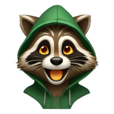 brown raccoon with orange eyes and a dark green hood that is laughing sticker
