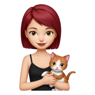 generate a pretty bratz girl with short dark red hair holding a cat smiling. Wearing a black cami sticker