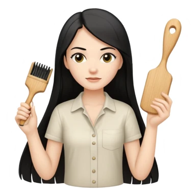 A white woman with long, straight black hair, wearing an ivory-colored shirt, holding a small square wooden paddle hairbrush in her left hand and spraying a hair mist bottle with her right hand toward her hair. sticker
