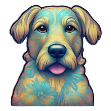 retro groovy hippie trippy floral patterns on a metallic holographic iridescent blue dog sticker