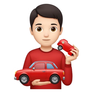 dark haired red wearing kid with toy sticker