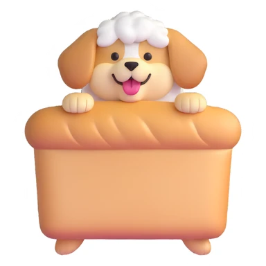 cute fluffy bread maker dog, peeking from bread loaf, cheerful, warm beige, full-body sticker