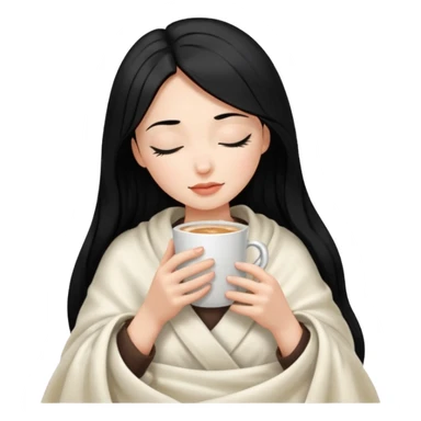 black hair girl long hair inside a white milky satin blanket sipping coffee eyes closed  sticker
