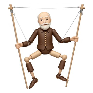 3D render of Old Man Puppet as a wooden marionette puppet, Carved wood beard, silver metal screw joints at elbows and knees, polished brown wood texture, rigid toy pose, emoji style, isolated on white background --v 6.0. sticker