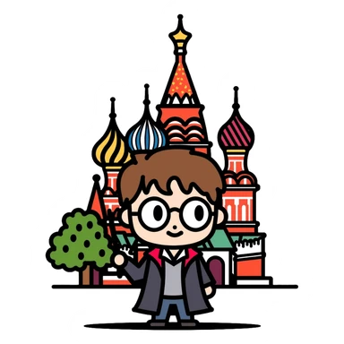 Harry Potter with glasses, lightning scar, and wand standing in front of St. Basil's Cathedral in Russia sticker