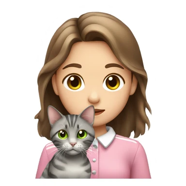 Girl with green eyes and brown hair holding her grey stripy cat that is wearing a pink collar sticker