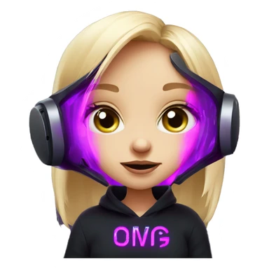 Russian cute blond girl wearing black hoody with violet letters "OMG", in vr headset. Cyberpunk style. Violet neon. sticker