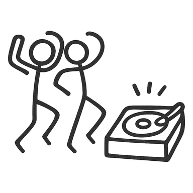 Two minimalist stick figures dancing near a record player, like a warning sign, black and white sticker