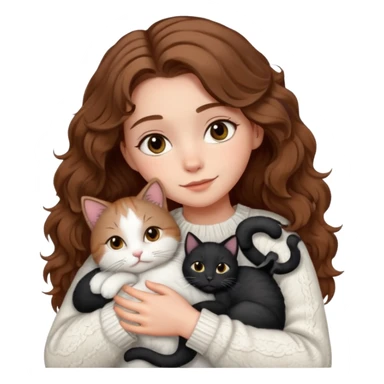 A pretty white girl with hazel brown eyes and brown wavy hair in a cosy white knit sweater, hugging a black and white cat sticker