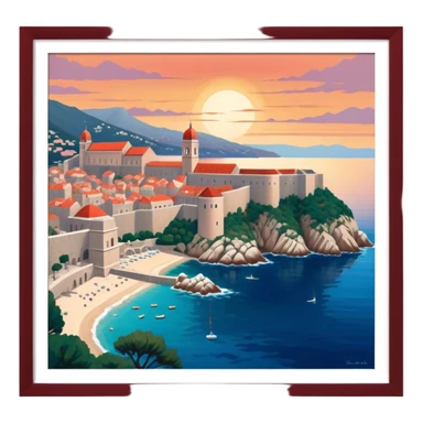 Cinematic Realistic aerial view of the historic city of Dubrovnik, showcasing its iconic red-roofed architecture, fortified walls, and sparkling Adriatic coastline, rendered with rich textures and warm Mediterranean lighting that captures its old-world charm. sticker