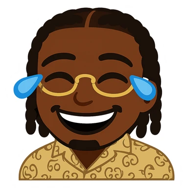 Create an emoji in the style of the provided image: a laughing face with tears of joy, keeping exactly the same dark skin tone, braided hair, golden glasses, patterned shirt, and the same general style as the reference emoji. Transparent background. sticker