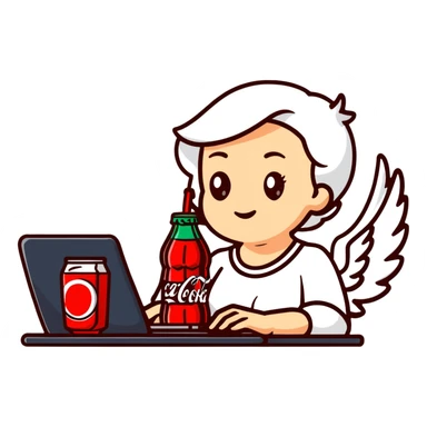 Female angel, working at a computer with a Coke  sticker