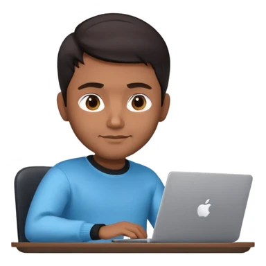 memoji of a man, apple-style, modern, dark hair, black sweater, Indian brown skin, sitting at a desk with a laptop, light blue gradient background sticker