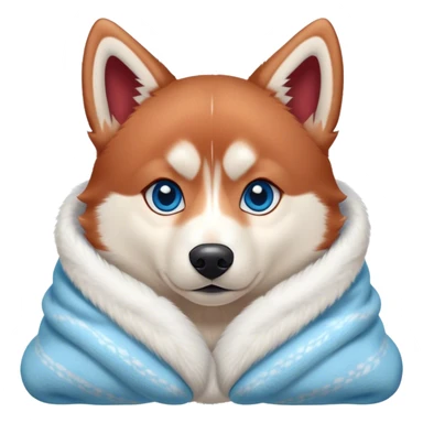 cute, disney-style, red siberian husky with blue eyes cozy in a blanket sticker