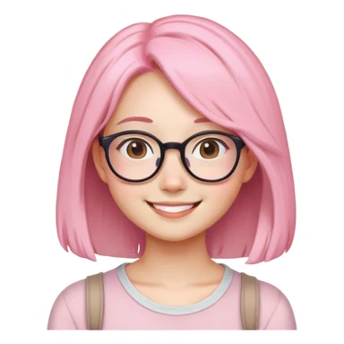 women with long shoulder hair, the color is soft pink, white skin, use glasses, have a dimple and asian smile, cute, the age is 20 years old. sticker
