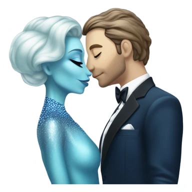 reptilian alien woman, in long slim pastel blue formal party satin dress with gradient shiny sparkling navy blue diamonds embroidered , and caucasian man in black dress kissing sticker