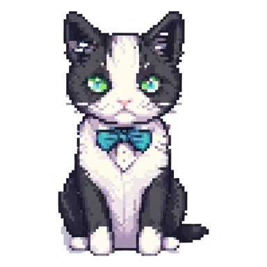 a black and white tuxedo cat, pixel art style sticker