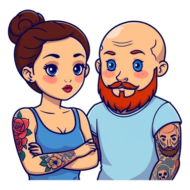Pretty brunette girl with big eyes and big lips and a bald man with a red beard and blue eyes and one sleeve of tattoos on the man sticker