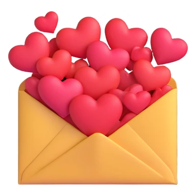 Enhance the 3D iOS 18 emoji style envelope with hearts by adding more volume and depth. Improve shading, highlights, and shadows to make the envelope and hearts appear more dimensional and realistic, while maintaining the soft, glossy 3D emoji look and a white background. sticker