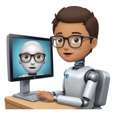 human is using some complicated system, in front of the monitor, asking someting to the monitor by natural language the monitor, ai robot answering in his own language sticker