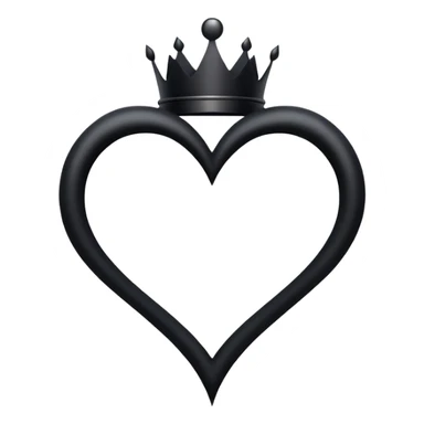 A stylized black heart shape with symmetrical, spiral-like curves at the top, giving it a whimsical and artistic look. The heart tapers to a sharp point at the bottom. Above the heart, there is a simple, bold black crown with three points, symbolizing royalty or power. The design is minimalistic and elegant, with a fantasy or gothic flair, suitable for use as a symbolic or iconic emoji. sticker