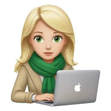blond women skine , with green eyes and scarf . with macbook sticker