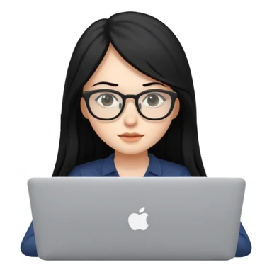 female student with black long hair working on a macbook laptop. sticker
