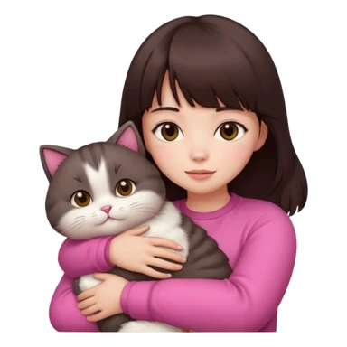 beautiful woman with dark brown straight hair and bangs, brown eyes wear a pink clothes, and white skin hugs a cute chubby cat sticker