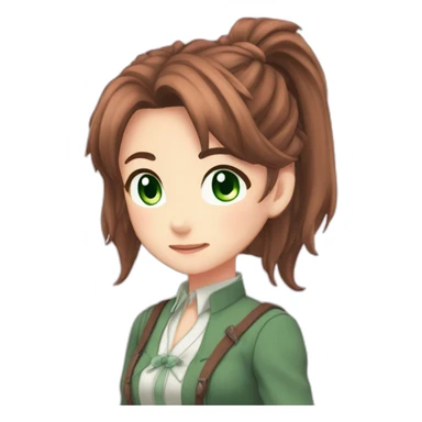 Monika from Doki Doki Literature Club, long corral-brown hair, green eyes, ponytail hair sticker