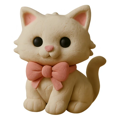 Remove the background, keep only the cute fluffy white kitten with a light pink bow in claymation style with transparent background. sticker