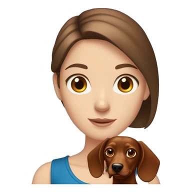 White girl with straight brown hair and blue eyes holding a red dachshund  sticker