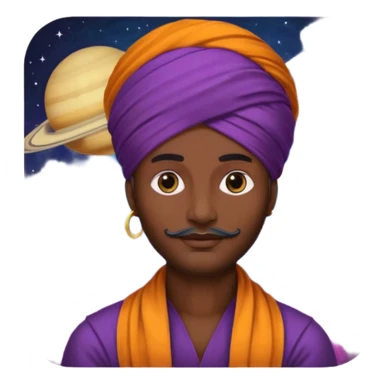 A bold emoji-style illustration with Saturn 🪐 as the dominant element, clearly showing its bright rings. Inside the planet, a stylized man wearing a colorful turban 👳🏾‍♂️, depicted as a mystical or adventurous character, sitting or floating within Saturn, integrated with the planet’s texture. sticker