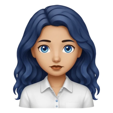 Girl with olive skin, blue eyes and dark very wavy long hair white shirt sticker
