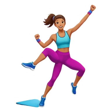 An energetic person performing an aerobics workout in a brightly lit gym, jumping and stretching with enthusiasm. The scene includes vibrant fitness equipment like dumbbells and exercise mats, with a background of cheerful, motivating colors, conveying energy and movement. sticker