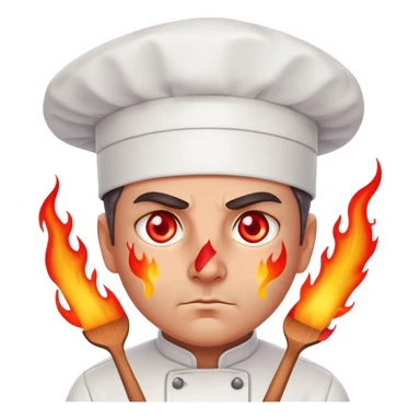 focused chef with glowing red eyes, flames bursting sticker