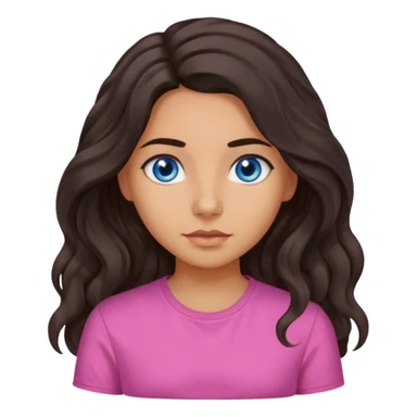 Girl with olive skin, blue eyes and dark very wavy long hair pink shirt sticker