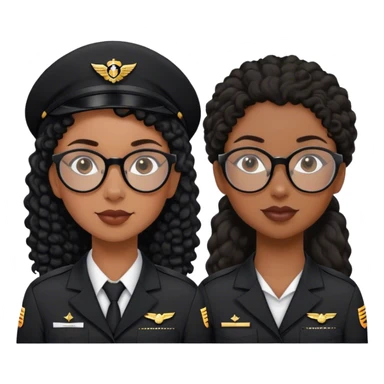 femme pilote d'avion en uniforme noir aux cheveux bouclés noir et petites lunettes arrondis identique avec des cheveux très long et la peau noir mais légèrement plus claire avec les cheveux attachés in a ponytail 1 seule personne, cheveux moins épais  sticker