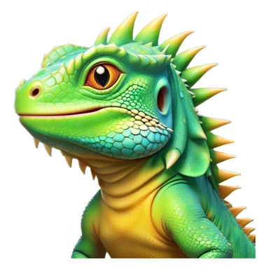 Cinematic Cute Iguana Portrait Emoji, Head tilted playfully and inquisitively, featuring a delightfully vibrant, textured body with a subtle spiky crest and large, sparkling eyes full of gentle wonder, Simplified yet irresistibly adorable features, highly detailed, glowing with a warm, inviting jungle glow, high shine, affectionate and lively, stylized with a touch of whimsical reptilian charm, soft glowing outline, capturing the essence of a mischievous yet loving iguana that seems as if it could scurry out of the screen into your arms! sticker