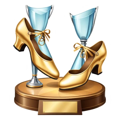 Icon for Ballroom Dancing: a pair of ballroom shoes, a dance floor with lighting, and a decorative dance trophy. The icon should represent the elegance and rhythm of ballroom dance through its key symbols. Transparent background. sticker