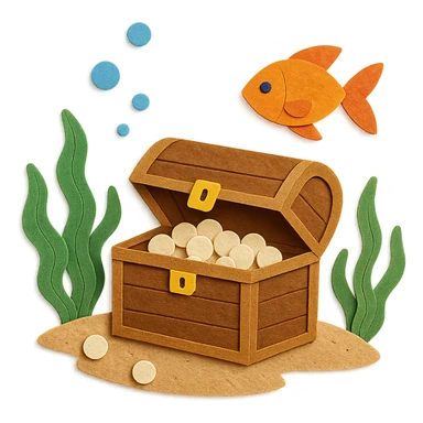 treasure chest underwater with pearls, seaweed, and fish, layered paper effect, paper-craft style sticker