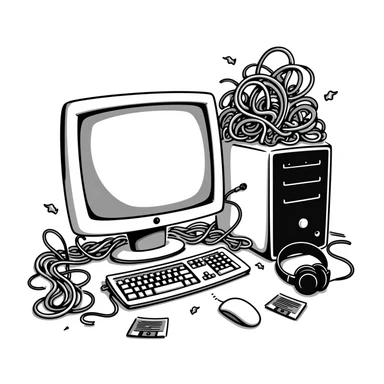 A messy desk full of cables, floppy disks, and a 2000s PC sticker