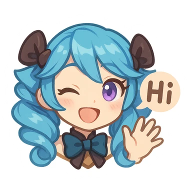 Gwen from League of Legends, chibi emote style, only head visible, right eye purple, bright hi expression, waving hand, eyes open, cute and expressive sticker