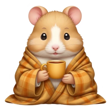 Cute cartoon-style hamster wrapped in a cozy blanket, holding a cup of tea, relaxed expression. Painterly shading, white background, sticker-style illustration sticker
